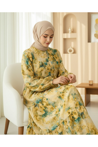 Modamorfo Half Button Mixed Pattern Sleeve Elastic Dress -Mustard