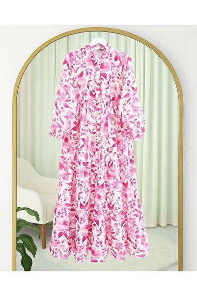 Modamorfo Small Leaf Pattern Half Button Sleeve Elastic Dress -Fuchsia