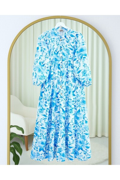 Modamorfo Small Leaf Pattern Half Button Sleeve Elastic Dress -Blue