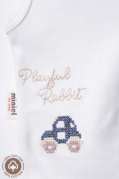 Miniel 3-Piece Unisex Baby Vest Set - Cross Stitch, Rabbit Embroidered, Organic Cotton, 3-6-9 Months