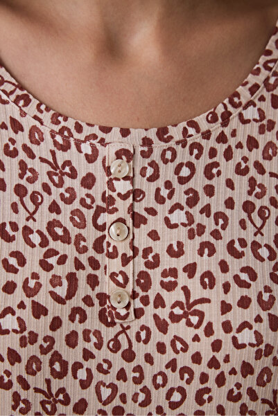 Penti Beige Dreaming Leopard Print Crew Neck Long Sleeve Pajama Top