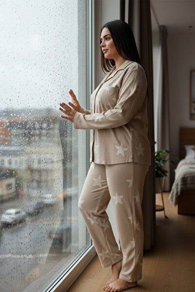 Bravie Set de pijamale de lux pentru femei, cu model de stele, mărime mare –3011 bej