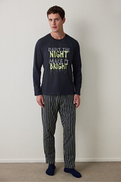 Penti Σετ πιτζάμες με ριγέ ανδρικό μακρυμάνικο μπλουζάκι με λαιμόκοψη