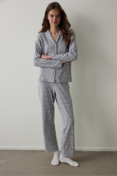 Penti Gray Melange Gingerbread Shirt Collar Thermal Effect Pajama Set
