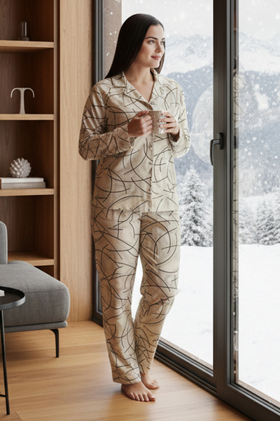 Bravie Luxury Soft Ecru Line Patterned Long Sleeve Women's Pajama Set – Plus Size 3015