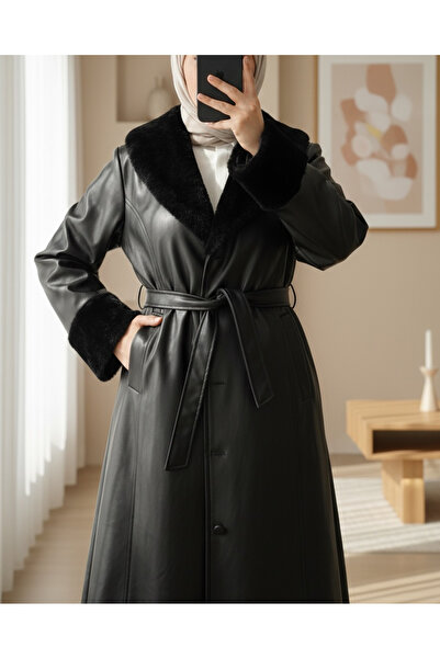 Modamorfo Lace-Up Leather Overcoat with Plush Sleeves and Collar - Black