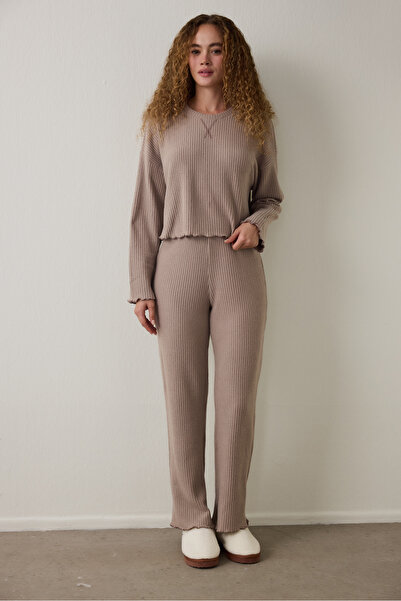 Penti Dark Beige Mocha Waffle Crew Neck Thermal Effect Pajama Set