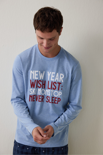 Penti Ανδρικό σετ πιτζάμες 2 τεμαχίων από βαμβακερό γεωμετρικό σχέδιο με λαιμόκοψη