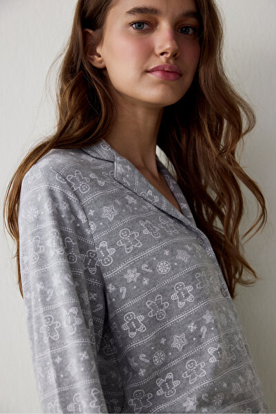 Penti Gray Melange Gingerbread Shirt Collar Thermal Effect Pajama Set