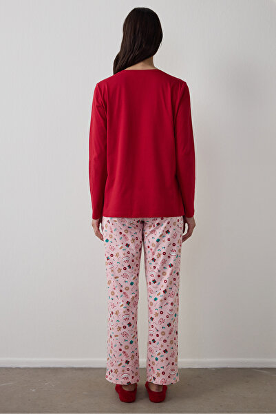 Penti Red Joyous Time New Year Themed Crew Neck Cotton Long Sleeve Pajama Set