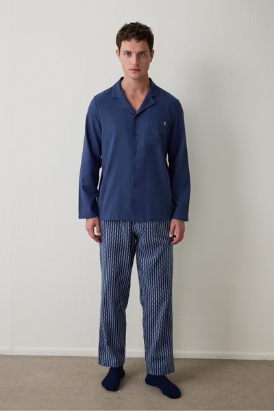 Penti Indigo Melange Men's Button down Shirt Pants Pajama Set