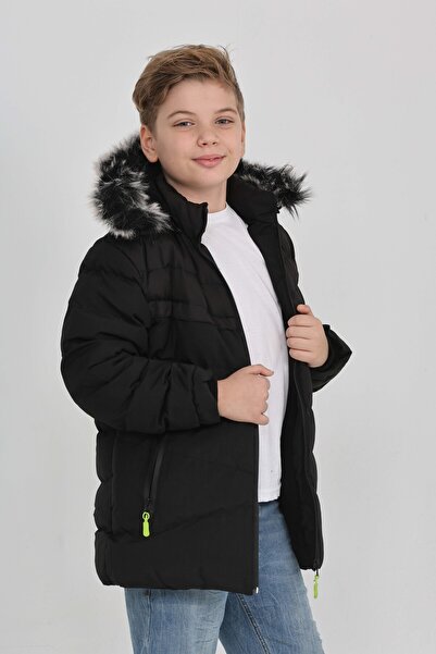 TheJOJODesign Palton de iarnă K cu glugă pentru băiat, negru, gros, hidrofug, din shearling, cu buzunare, haină elegantă și caldă