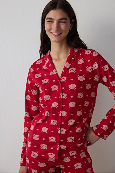 Penti Red Bear Pattern Shirt Collar Long Sleeve Cotton Pajama Set
