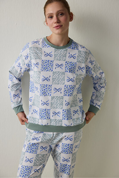 Penti Off-White Cute Bows Langarm-Pyjama-Set aus Baumwolle mit Rundhalsausschnitt