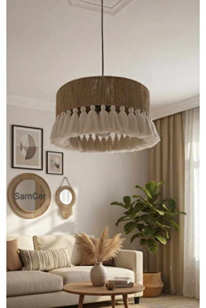 Mirfilo Püsküllü jüt avize salon yatak odası avize bohem rustik avize hasır a...