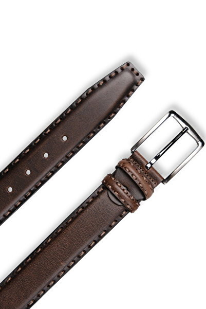 MFT Leather Design حزام رجالي من الجلد الطبيعي – نمط خياطة، 4 سم، بني |   7604