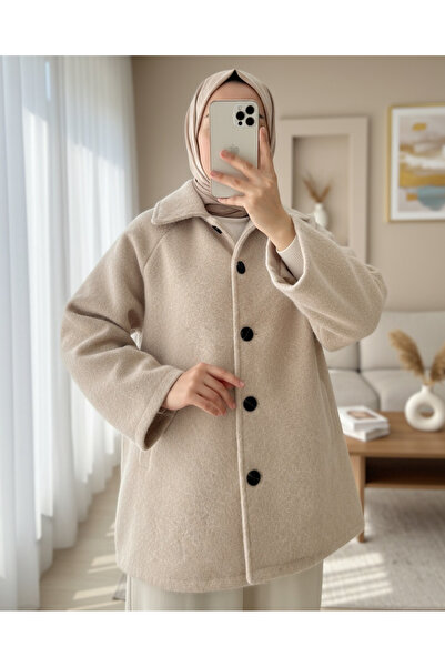 Modamorfo Çift Cepli Önü Düğmeli Astarlı Buklet Kaban -Bej