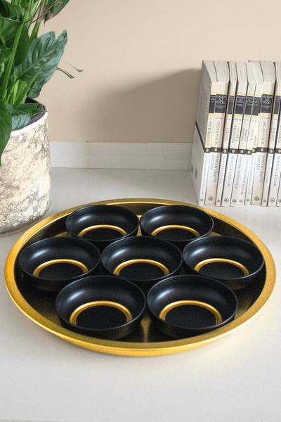 Sarkap Home 7'li Çerezlik ve Tepsi Seti - Siyah & Gold