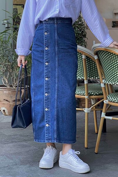 lamelif Buttoned Denim Skirt Blue