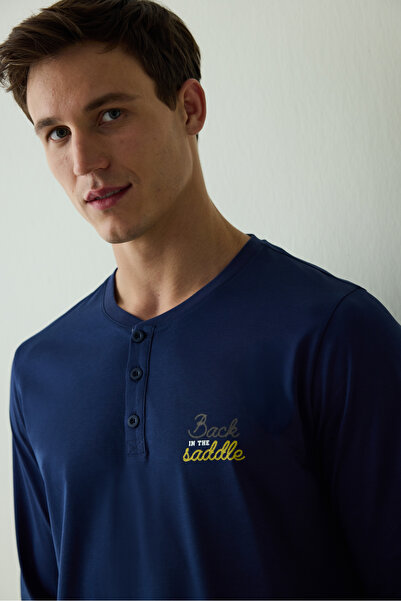 Penti Men's Saddle Slogan Printed Button Crew Neck Cotton Pajama Set