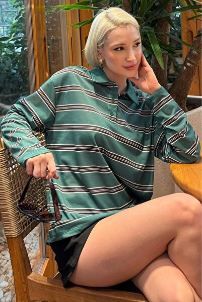 Madmext Πράσινο ριγέ με κουμπιά πόλο γυναικείο μακρυμάνικο μπλουζάκι MG2574