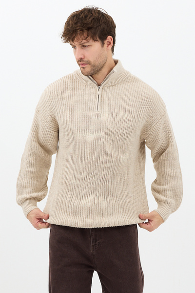 Tarz Cool Mink Men's Oversize Zippered Fisherman Knitwear Sweater