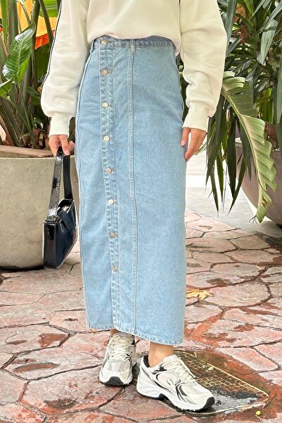 lamelif Fusta din denim cu nasturi, albastru gheață