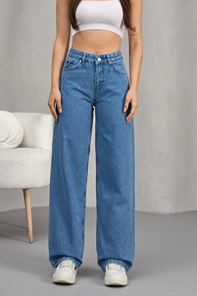 alanora Women's Blue High Waist Wide Leg Palazzo Jean