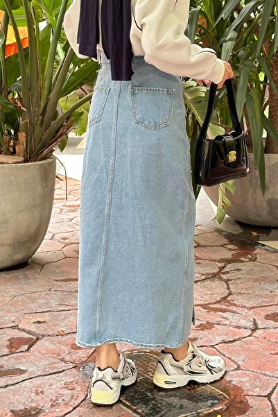 lamelif Fusta din denim cu nasturi, albastru gheață