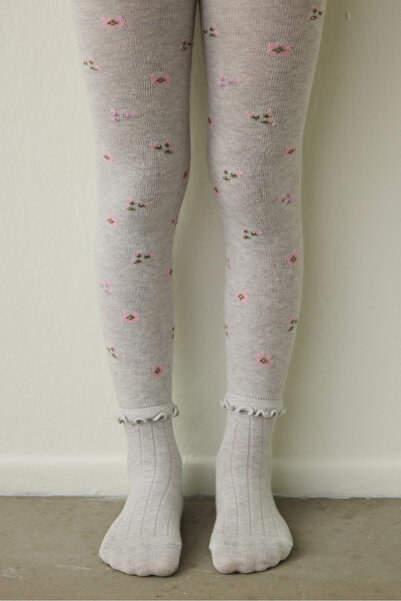 Penti Light Gray Girls' Ruffled Floral 100 Denier Cotton Pantyhose