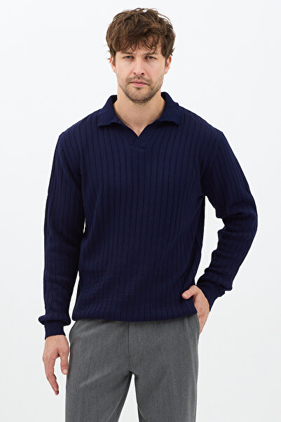 Tarz Cool Navy Blue Men's Polo Neck Ribbed Knitwear Sweater
