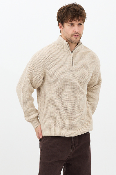 Tarz Cool Mink Men's Oversize Zippered Fisherman Knitwear Sweater