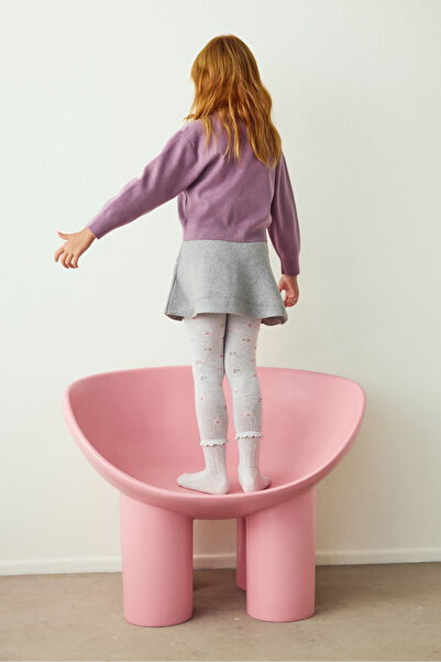 Penti Light Gray Girls' Ruffled Floral 100 Denier Cotton Pantyhose