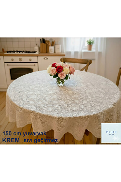 Blue Home مفرش طاولة مطبخ دائري من البولي فينيل كلوريد بمظهر الدانتيل، مقاوم للسوائل وقابل للمسح - 150 سم كريمي اللون