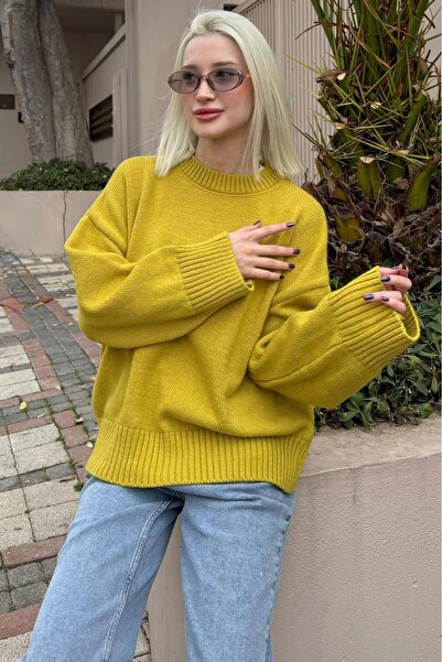 Madmext Oil Green Crew Neck Oversized Knitwear Sweater Mg1972