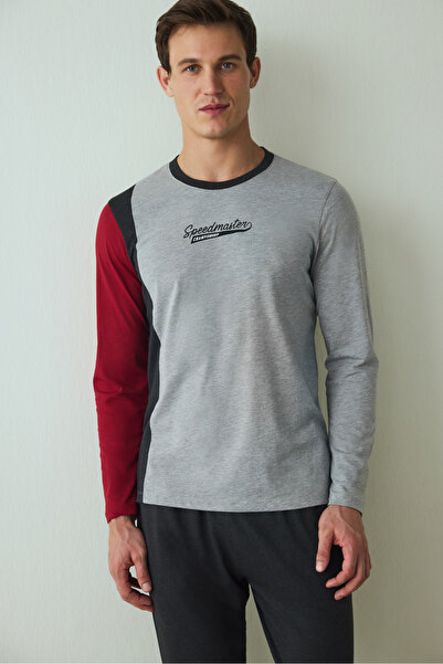 Penti Men's Speedmaster Slogan Printed Crew Neck Cotton Long Sleeve Pajama Set