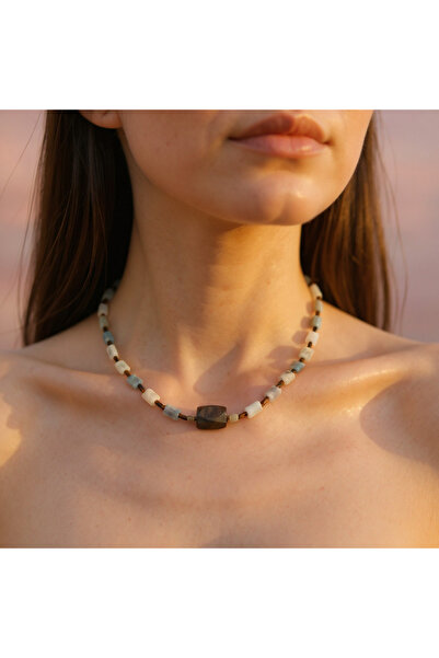 SUMRA قلادة من الأحجار الطبيعية من أمازونيت وعين النمر SPF-A-011