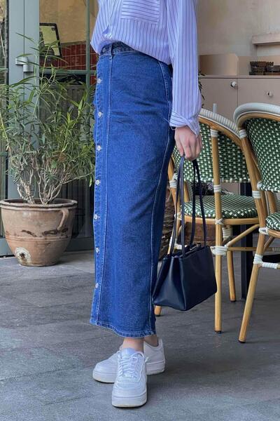 lamelif Buttoned Denim Skirt Blue