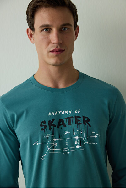 Penti Σετ ανδρικών πιτζάμες από βαμβακερό λαιμόκοψη με στάμπα με στάμπα Skater Slogan