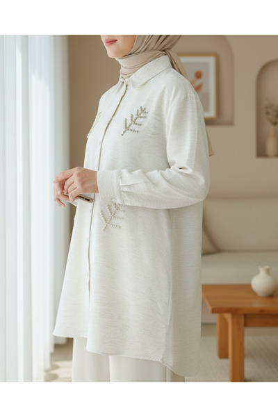 Modamorfo Leaf Motif Pearl Linen Shirt - Stone