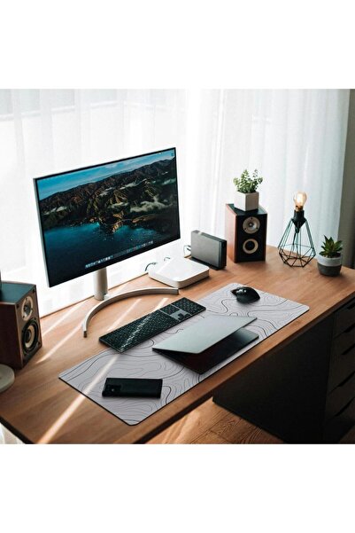 Zimtal Large Gaming Mouse Pad with White Topographic Map, Stitched Edges, Non-Slip Rubber, 80×30 cm