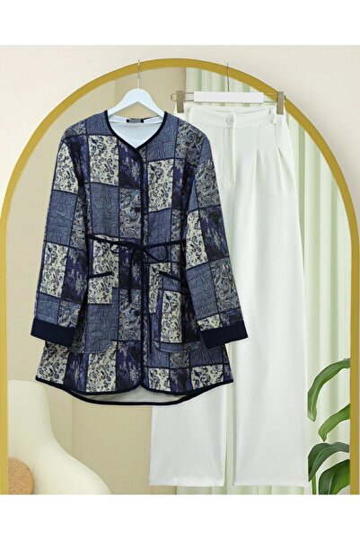 Modamorfo Ethnic Pattern Jacket with Folded Sleeves and Lace-Up Waist - Indigo