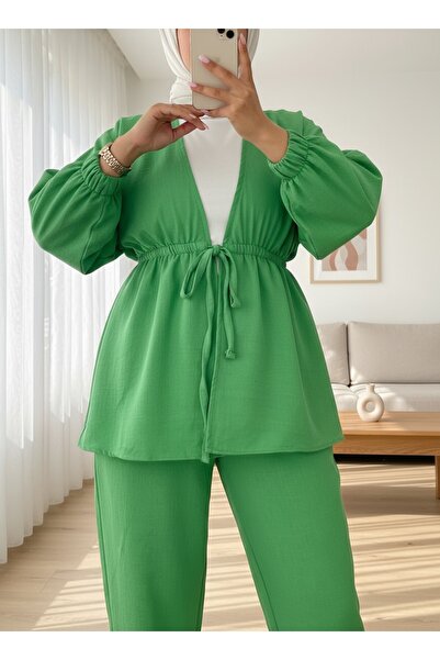 Modamorfo Elastická dvoudílná lněná souprava s kravatou v pase