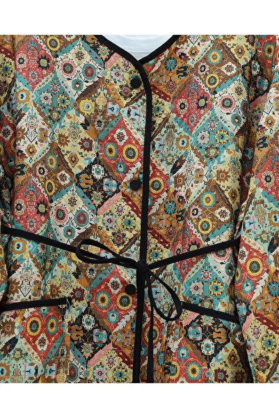 Modamorfo Ethnic Pattern Jacket with Folded Sleeves and Lace-Up Waist - Çağla Y.
