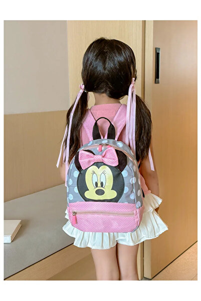 Miniso حقيبة ظهر وردية اللون برسومات كرتونية ميني ماوس للأطفال الأولاد والبنات حقيبة مدرسية جميلة للأطفال