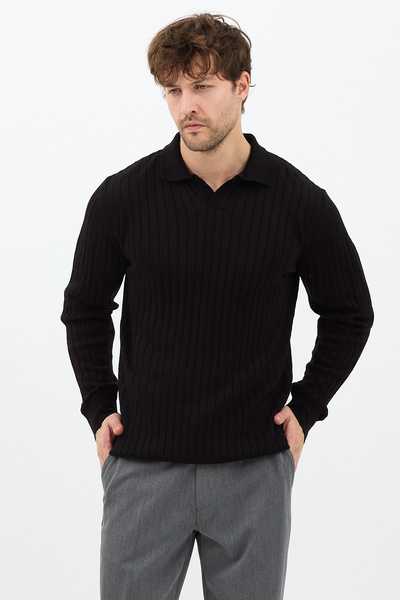 Tarz Cool Μαύρο ανδρικό πλεκτό πουλόβερ με λαιμόκοψη με ραβδώσεις