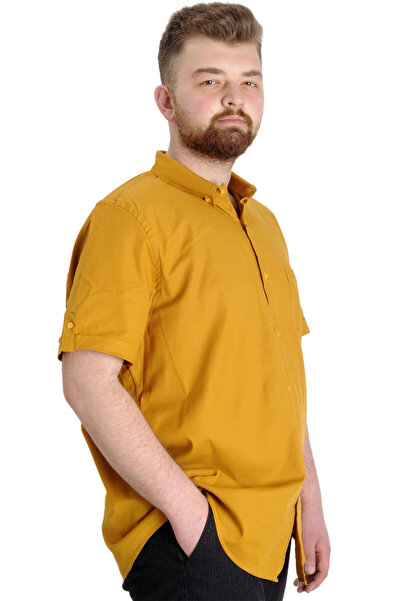 ModeXL Mode Xl Large Size Men's Shirt Gabardine Short Sleeve Single Pocket 23302 Mustard