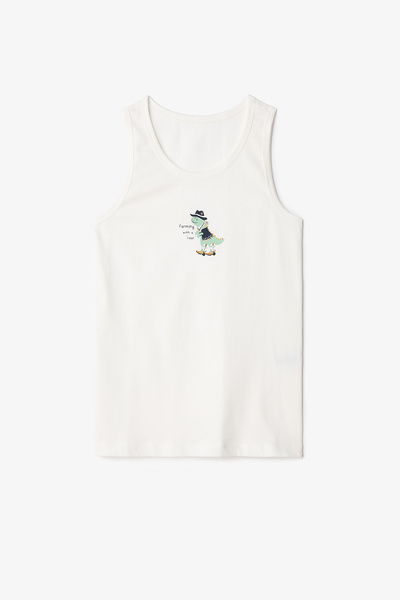 Penti White Boy's Dino Farm Dinosaur Printed Cotton 2-Piece Undershirt