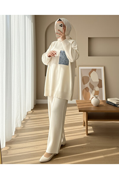 Modamorfo Single Pocket Pearl Knitwear Set - Cream