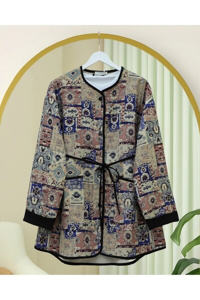 Modamorfo Ethnic Pattern Jacket with Folded Sleeves and Lace-Up Waist - Cream
